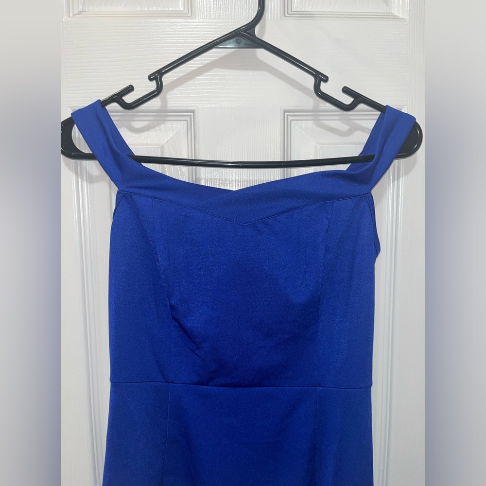 SHEIN BAE Bardot Split Thigh Ruffle Hem Bodycon Dress, Blue, Size Small - Picture 6 of 10